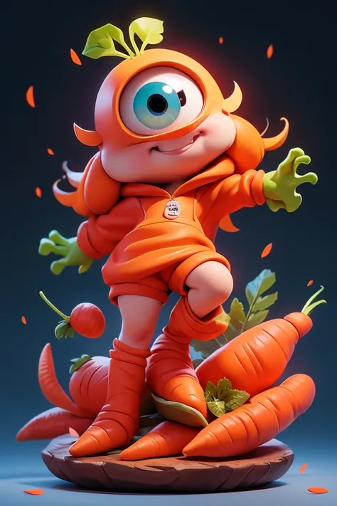 Create a Monster Carrot image, The image should be sharp and detailed, with beautiful colors. With arms, leg, eyes, mouth, พื้นหลังสีlegว