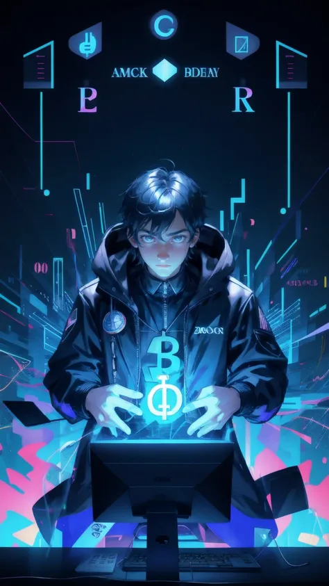 A young trader with a shocked expression stares at his computer screen, his face illuminated by the blue light of multiple crashing stock charts. Bitcoins and dollar signs swirl around him in a chaotic storm, as his hands hover over the keyboard, paralyzed...