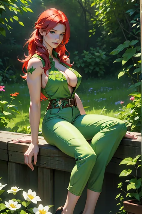 Poison Ivy is gardening, huge breast, slutty girl with green jeans. Flowers on skin. Transparent clothes. Jessica chastain, long legs. Masterpiece 