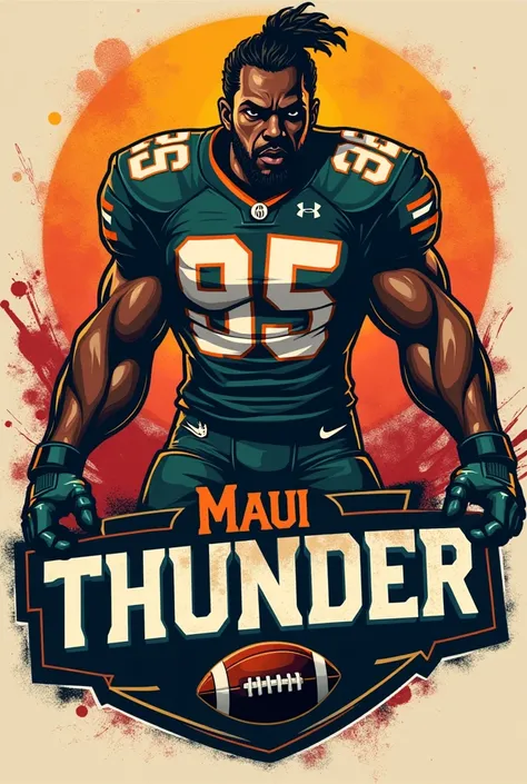 A football logo with a big Samoan football player with a jersey that says Maui thunder