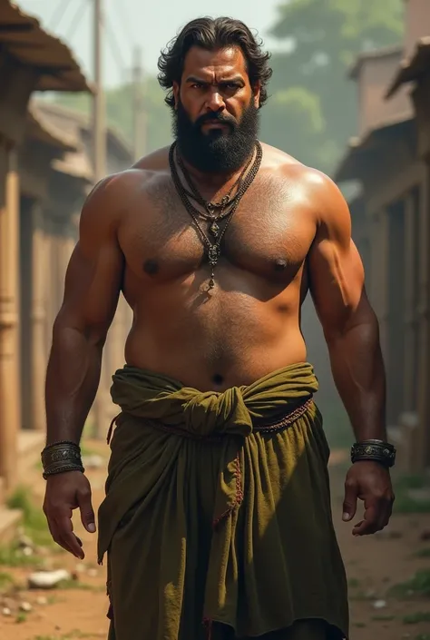 A 33 years male, medium physique,but have good biceps, 6 feet 3 inches tall, dark or tan skinned, west bengalian indian man of 1203 AD. Wear traditional garments like olive green or brown dhoti, but upper body is uncovered. Look like an antagonist, massy  ...