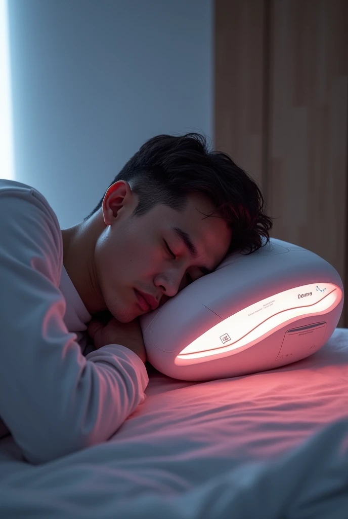 A sleeping man using futuristic pillow who record the dreams, show only pillow not machine use light red color 