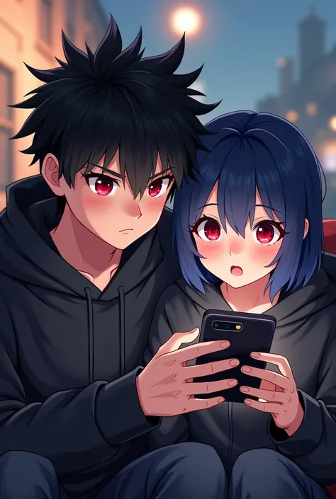 A boy ((( Anime boy , Spiky hair , black hair , black hoodie , blood red eyes , narrowed eye
 ))) , A girl ((( Anime girl , dark blue hair , modern day mullet hair style , black hoodie , red eyes , almond eye
 ))) , playing phone , siblings , chibi