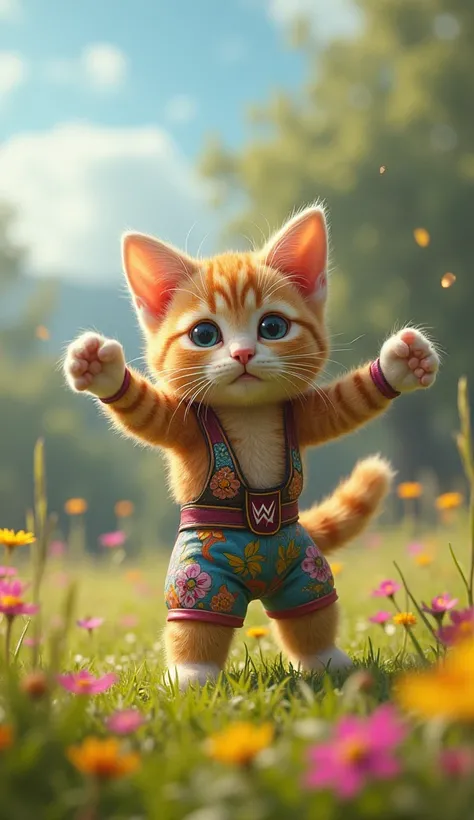 cute cat pro wrestler, Clear picture quality, eight,Short and cute legs, During a professional wrestling match, fantasy meadow background, dropkick