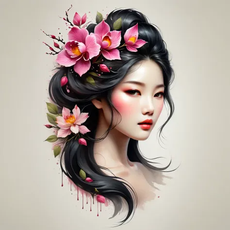 modern minimalist art，（close-up of chinese woman with rose tattoo on neck）,this woman has a beautiful and delicate face with lon...