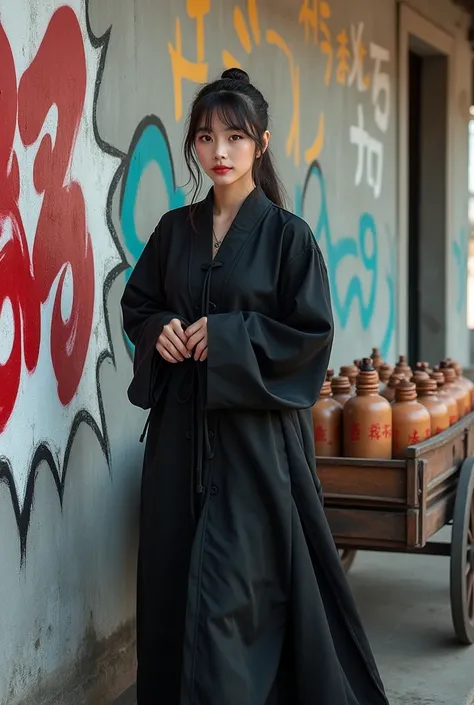 Creating a realistic image: Chinese woman in black poses for a photo in front of a graffiti wall., Lalisa Manoban แห่ง Blackpink, Lalisa Manoban, Roseanne Park of blackpink, Stop four *, with bangs, ( ( Stop four # ) ), Stop four, cl, Dressed in white in a...