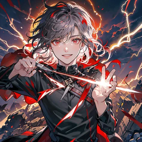 A 23-year-old man with red eyes,

short white hair,

bangs,

holding a horizontal knife surrounded by lightning elements in one hand,

smiling, background ruins battlefield,

front,

red lightning effects,

facing the camera 00003