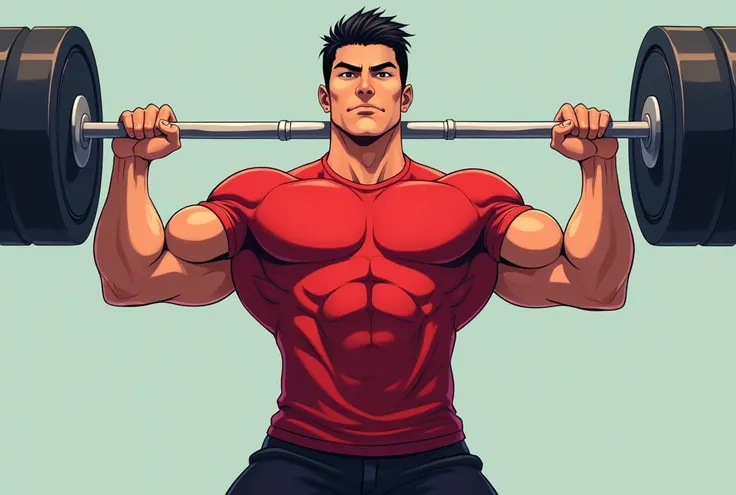 best quality, masterpiece, fill frame, full body, anime style, poster of handsome borneo man, wearing plain red tshirt and black shorts, lifting a barbell, perfect fingers, perfect hands, perfect face, perfection, no background