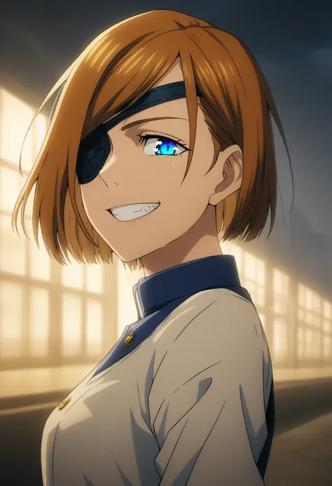 Nobara, 1girl,solo,looking at viewer,smile,short hair,bangs,brown hair, grin, eyepatch, dark, looking to the side, glowing blue eye