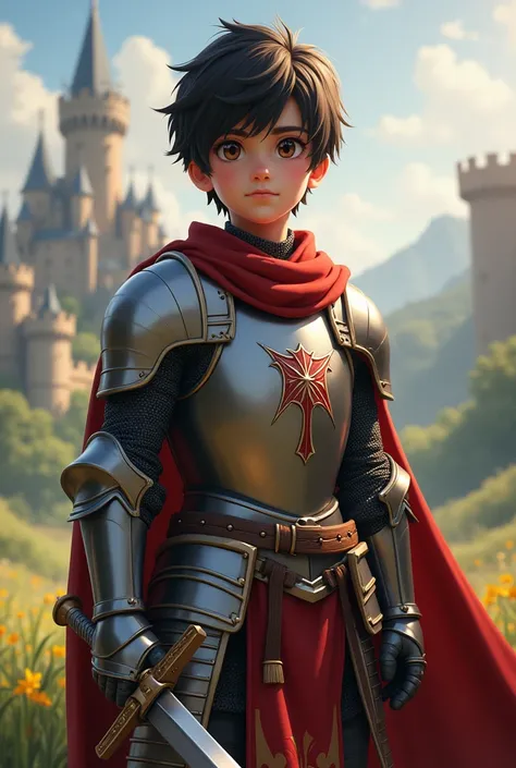  a cute prince with short black hair ready to fight dresssed in a knight suit