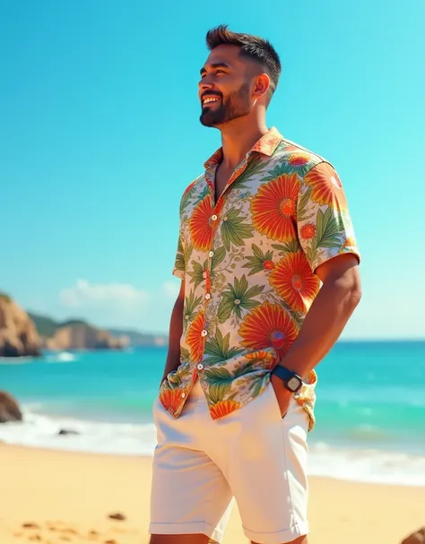 Asian male, 35 year old, dark brown crew cut hair, brown colored eyes, Hawaii colourful shirt and white pants, the sunrise on the Algarve beach,  blue sky,  blue atmosphere 