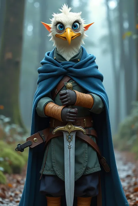 XUER Pixar style,solo,looking at viewer,blue eyes,gloves,holding,standing,full body,weapon,belt,sword,cape,holding weapon,blurry,no humans,depth of field,blurry background,bird,holding sword,own hands together,feathers,knife,1other,brown gloves,fantasy,hol...