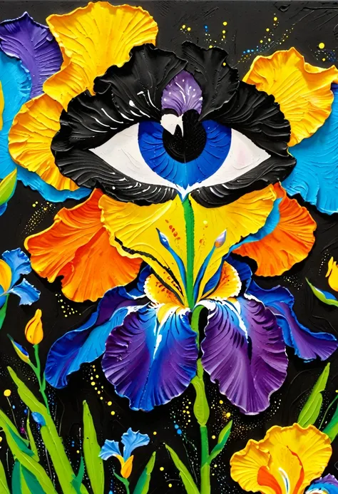 A painting：(((Colorful black，Chalk painting，Oil stick painting，flight，Thick coating，Uneven texture，Plaster texture，Graffiti)))。iris，Dot，Pearl decoration，Eye