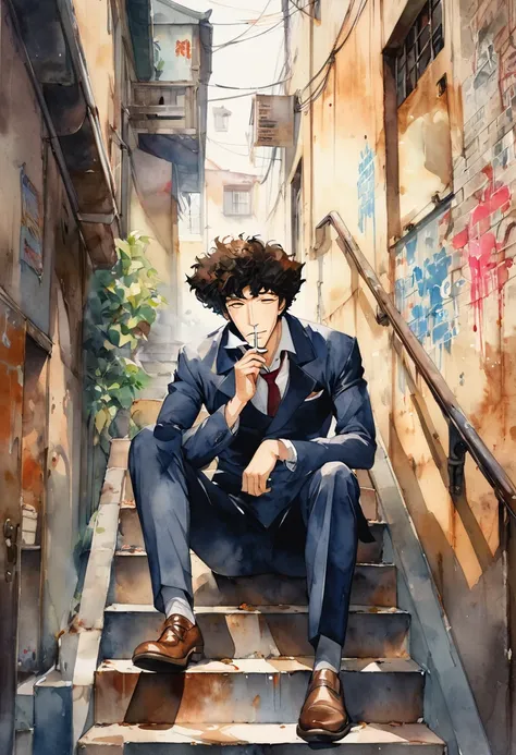 watercolor portrait of a man,a man sits on a steep staircase smoking a cigarette with his eyes closed.men are spike spiegel,brow...