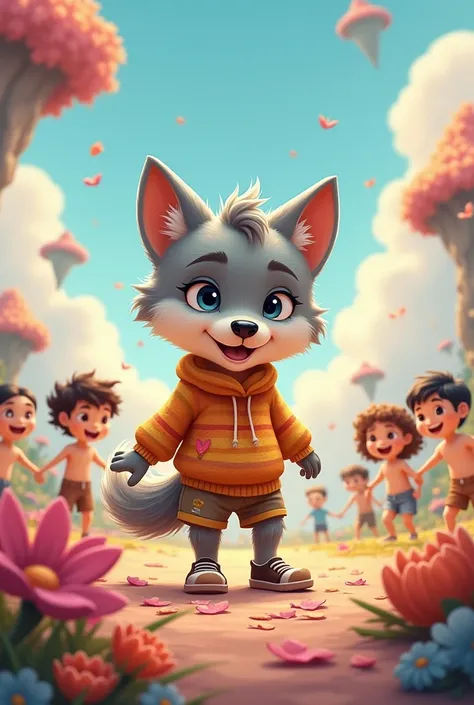 Cartoon of a wolf cub in clothes, with bottomless human children 

