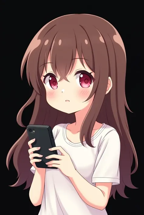 Anime girl , brown hair , long hair , pink eyes , friendly eyes , white long sleeve t shirt , opem shoulders , using phone , black background , chibi