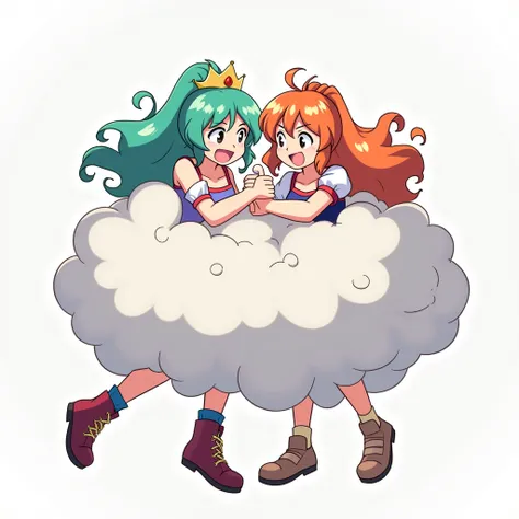 An anime-style illustration depicting princesses playfully wrestling with each other inside a light gray comical fight cloud (dust cloud).
each princess has different  colored hair.
their faces,hands,and feet are visible emerging from the cloud as they tus...