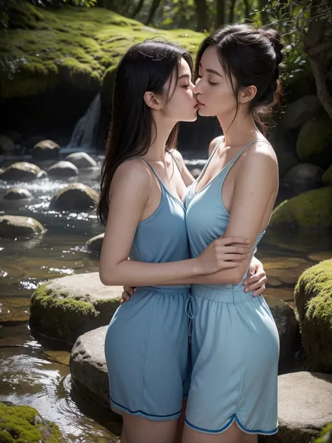 ((2 women)) Best quality, masterpiece, super high resolution, a super model soaking in a hot spring in Japan, outdoor hot spring, stone hot spring, surrounded by moss and trees, super beautiful face, pure body, clear pores visible, (smile:0.8), wearing (),...