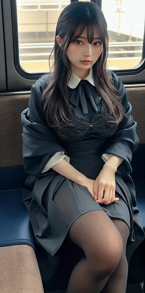 (((Sit well))), Beautiful Japanese woman sitting on a train seat, Taken from the opposite seat, Knee height seat, View Photographer, Tall Woman, One Woman, whole body, (Contemptuous look), skirt, High heels, Wearing pantyhose, ((Highest quality)), ((Intric...