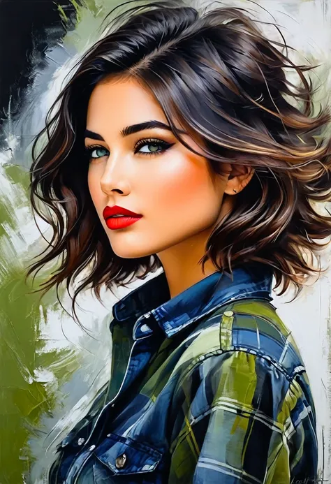 An exquisite abstract portrait of a dynamic woman in side profile with bob haircut, showcasing her captivating gaze into the distance. Her unkempt hair adds to the creative allure. She wearing blue-white-black checkered cowboy buttondown shirt. The strikin...