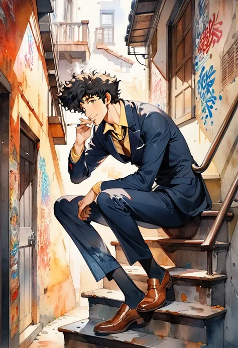 Anime-style Watercolor portrait of a man,A man sits on a steep staircase smoking a cigarette with his eyes closed.Men are Spike Spiegel,brown eyes, smile,black hair,1boy,Navy blue suit, brown leather shoes,The man holds the cigarette between his fingers an...