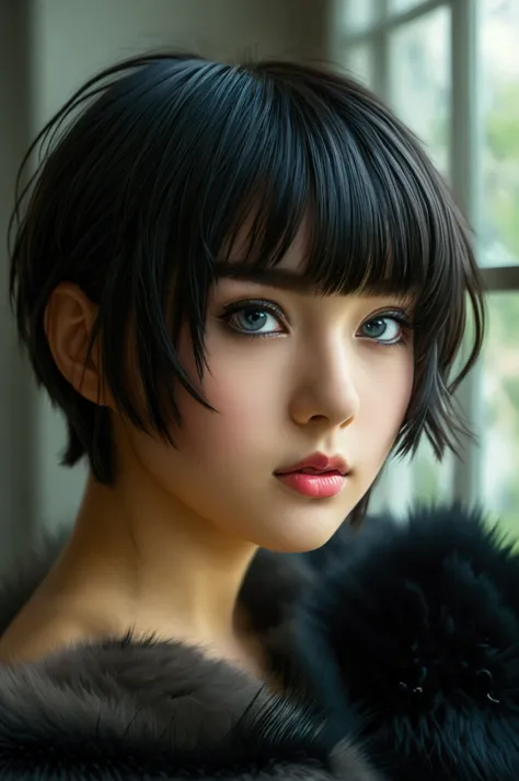 high resolution, masterpiece, ruka sarashina, short hair, black fur, (alone), 1 girl, beautiful, interior, detailed eyes, (black...