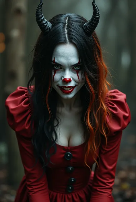 Pennywise woman,in the form of a white-skinned demon with demon horns with red clothes and long, wavy black hair with orange highlights 