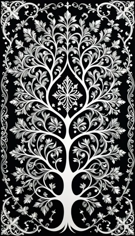 Nordic tree-shaped solitaire，Flat style， abstract artistic，Graphic design，symmetry, Math, Renaissance, Oil painting, 2D canvas, highly detailed, complex, Classic paint, Black monochrome, crystals, opulent, lap, gothic ornament, Graphic design