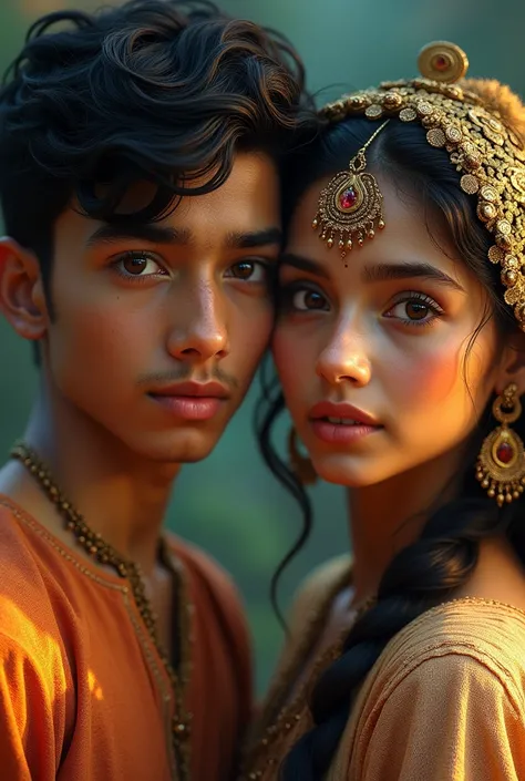 a 20 year old hindu boy and girl together, detailed facial features, beautiful eyes, high quality, intricate details, realistic, photorealistic, vibrant colors, cinematic lighting, epic fantasy, magical realism, conceptart, cinematic composition LOOKING AT...