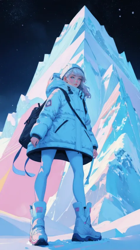 there is a beautiful girl walking in the snow with a backpack, jen bartel, carrying survival gear, detailed digital illustration, inspired by Josan Gonzalez, with a snowy mountain and ice, bitcoin, by David G. Sorensen, package cover, peak experience ”, de...