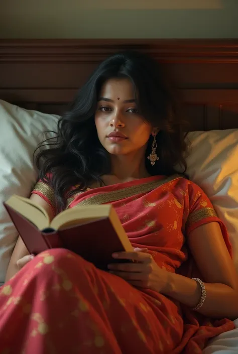 Indian Girl age 25 sleeping on a bed wearing a saree & reading a book 