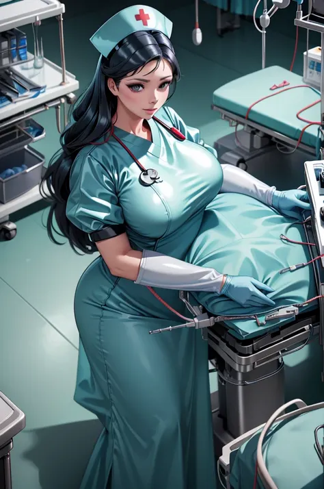 nurse uniform,hospital, latex nurse suit,nurses,busty,elbow gloves,labcoat,black hair woman,red eyes , gigantic ,medical instruments,asian nurse,two nurses,speculum,examination room,oversize ,big ass ,strap on, lay on table ,legs spreaded,giving birth,gyno...