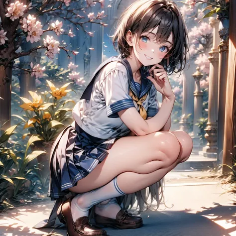 Browsing Caution,​(Highest quality, 8k, masterpiece:1.3,beautiful girl), (Very detailed)Glowing Skin,((Short sleeve, cute navy sailor suit, Navy Pleated Skirt, Navy sailor collar, Blue Sailor Scarf, socks, Brown Loafers)), ,(Perfect Anatomy, Anatomically c...