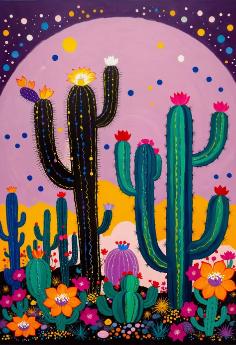 A painting，Inspired by Yayoi Kusama：(((Colorful black，Chalk painting，Oil stick painting，Volume，Thick coating，Uneven texture，Plaster texture，Graffiti，Dot)))。Colorful black，(((cactus))), Bright colors, Purple和, cute的, Bright colors，cute, Lavender Color and C...