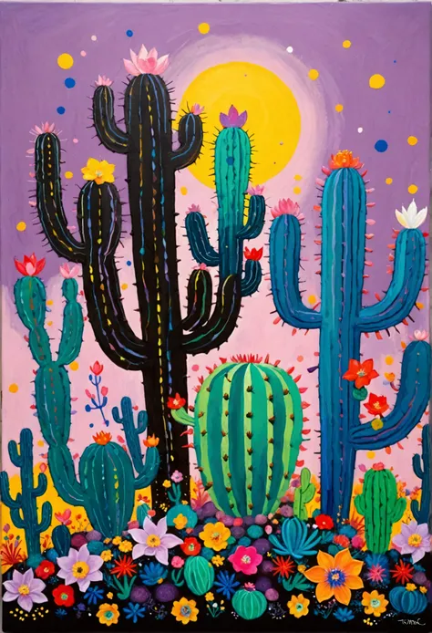 A painting，Inspired by Yayoi Kusama：(((Colorful black，Chalk painting，Oil stick painting，Volume，Thick coating，Uneven texture，Plaster texture，Graffiti，Dot)))。Colorful black，(((cactus))), Bright colors, Purple和, cute的, Bright colors，cute, Lavender Color and C...