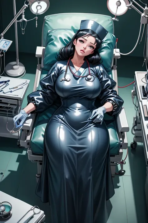 nurse uniform,hospital, latex nurse suit,nurses,busty,elbow gloves,labcoat,black hair woman,red eyes , gigantic ,medical instruments,asian nurse,two nurses,speculum,examination room,oversize ,big ass ,strap on, lay on table ,legs spreaded,giving birth,gyno...