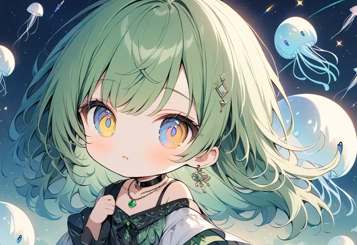 (((anime))) 1人のwoman,chibi,gal,long hair,(green hair),oblique bangs piercings,necklace,(jade gemstones),collar with jewels,gemst...