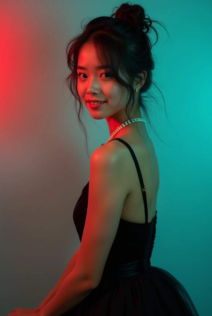 A young 18+ girl with dark hair and a pretty smile & messy bun hair style. She is dressed in a black gown with pearl neckless. The girl is positioned against aqua colour backdrop with a subtle red lighting on the left side. and she posing for photoshot
