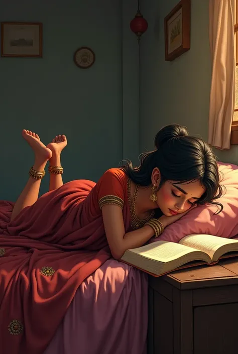 Indian Girl age 25 sleeping on a bed wearing a saree looking her some clueless & reading a book  in a old Indian house sleeping stomach down on bed with her legs up sacking wearing a payal 