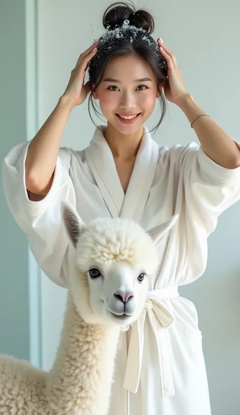 Create an Asian beauty，Standing on the ground，Hair in a bun，Beautiful beautiful big eyes，Regular facial features，Wearing a white satin bathrobe，Scratch your scalp with both hands，Two hands washing hair on top of head，There is a lot of real white foam and w...