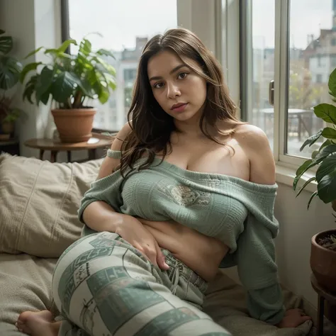 (photorealism:1.2), beautiful woman, brunette, brown eyes, plump, sitting on bed, wearing loose off-shoulder top, pajama pants, ...