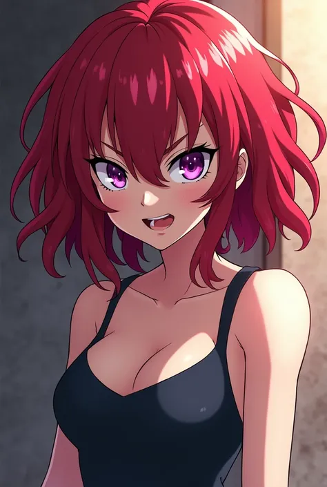 screenshot boku no hero. Young woman . pale skin. Medium long wavy red hair color. Bright and seductive purple eyes. Angry girl with an intimidating face.very attractive and beautiful. casual dress. hair floating in the air. Scenario four. Full body long s...