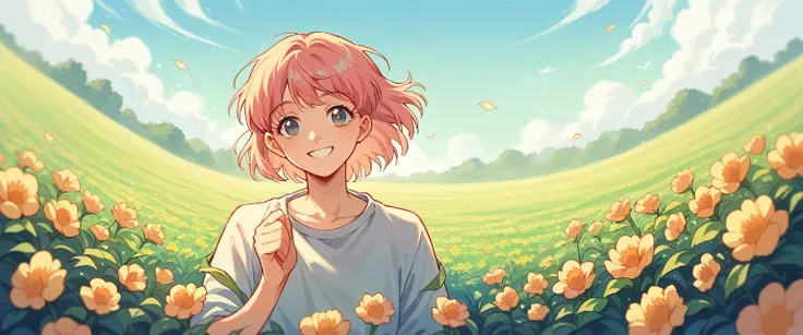 Anime girl in the anime style of the 80s sitting in a field of flowers and looking at the camera, smiling. pastel-colored