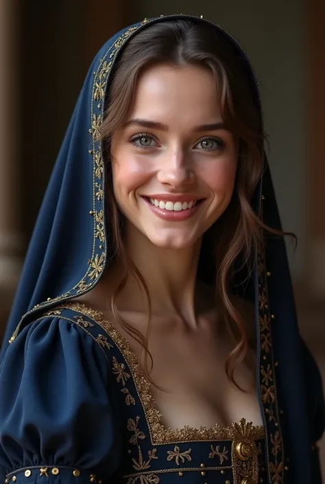 Olivia Cooke wearing a medieval dark blue dress with Golden details, long brown hair, ultrarealistc, realistic, smiling, with a medieval veil, 30 years old