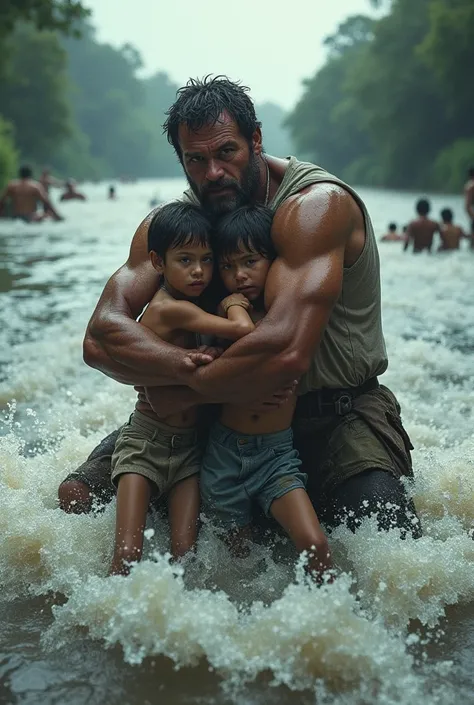 A father protects his children from flood waters.
