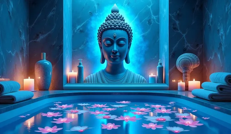 evening spa blue light tile and gold ((hyper detailed 8k)) luxury Bathroom with spa Buddha head and candles and giant nautilus shell, spa ritual aesthetics, thai franjipani flowers in the bath, blue and white towels, blue marble interior, product photograp...