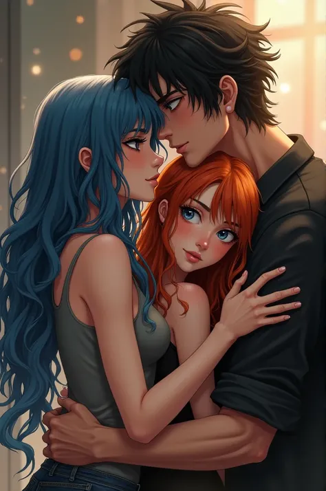 A girl with long blue hair, rough in appearance, high,A high boy with messy black hair and high intimidating appearance, Both smiling and in the middle of them they hug a beautiful girl with orange hair,blush.All of them look adult and attractive..