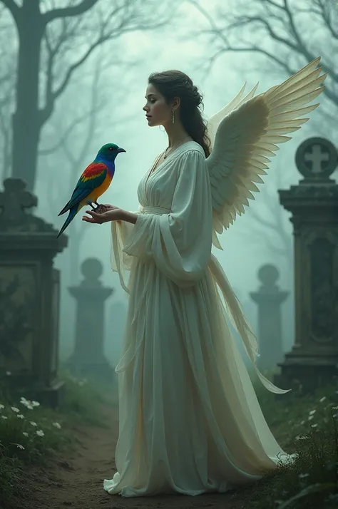 Multi-colored bird perched on the arm of a smiling angelic woman walking through a gloomy cemetery