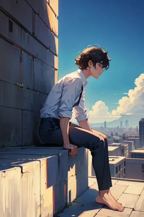 male,Landscape,profile,barefoot,shirt,slacks,Sit on the edge of the rooftop,Long legs,One length,Curly hair