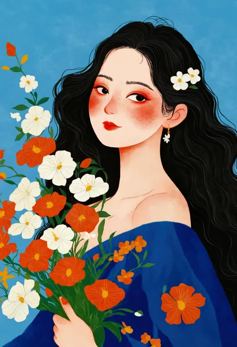 A painting,A graceful woman in the painting holds a large bouquet of flowers, Long wavy hair,Beautiful face,Se Kin-Kong(Kose Kanaoka)Minimalism, Popular trends on pixabay, Cloisonnism,Holding flowers, With blue background, Bring flowers, Flowers grow from ...